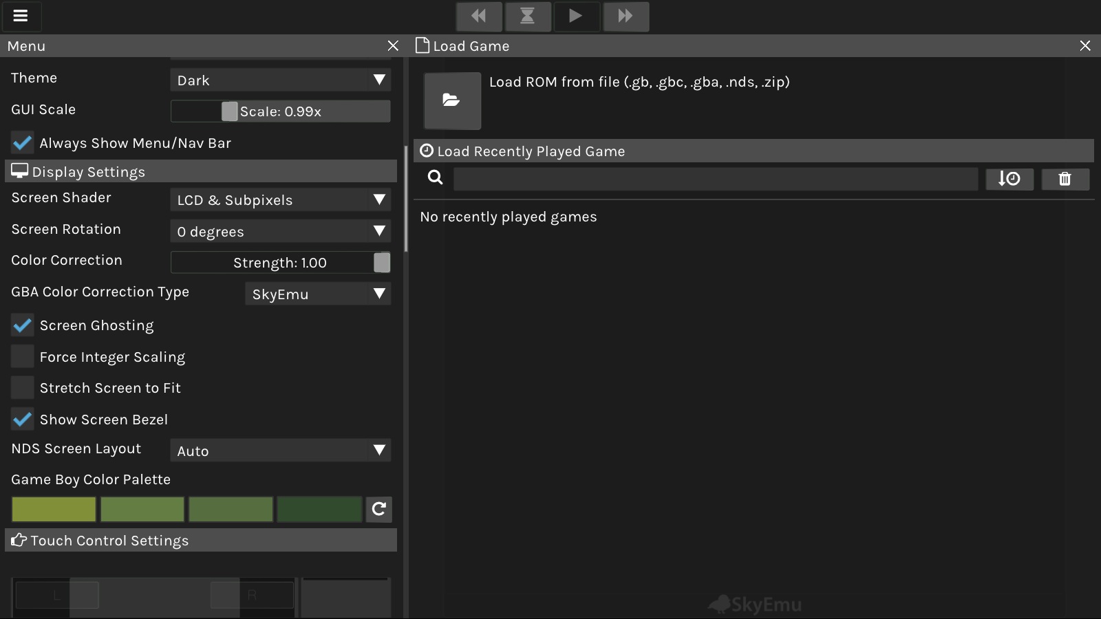 SkyEmu display and color settings