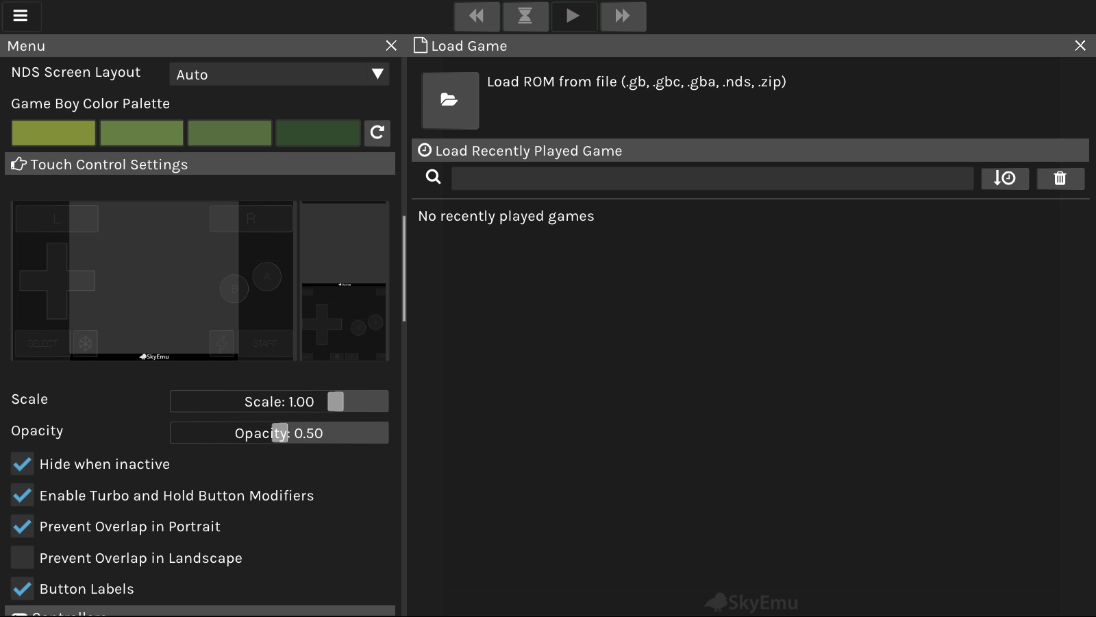 SkyEmu touch control settings