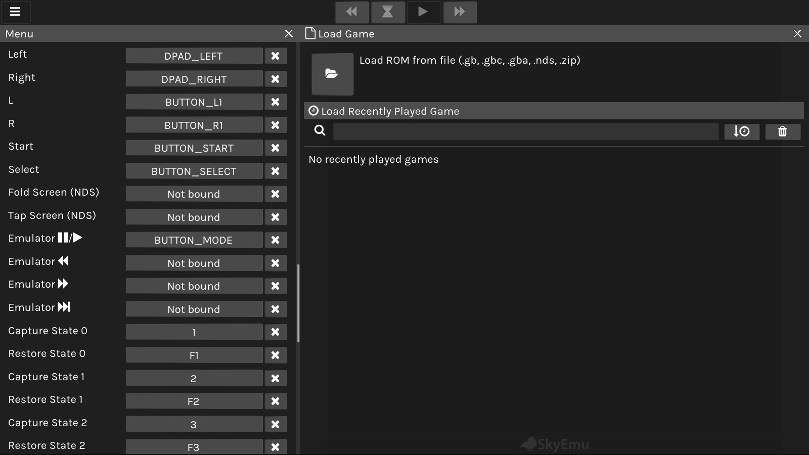 SkyEmu keyboard and controller bindings